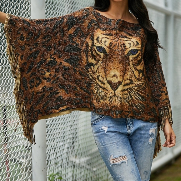 Tiger Fringe Poncho - Picture 2 of 4